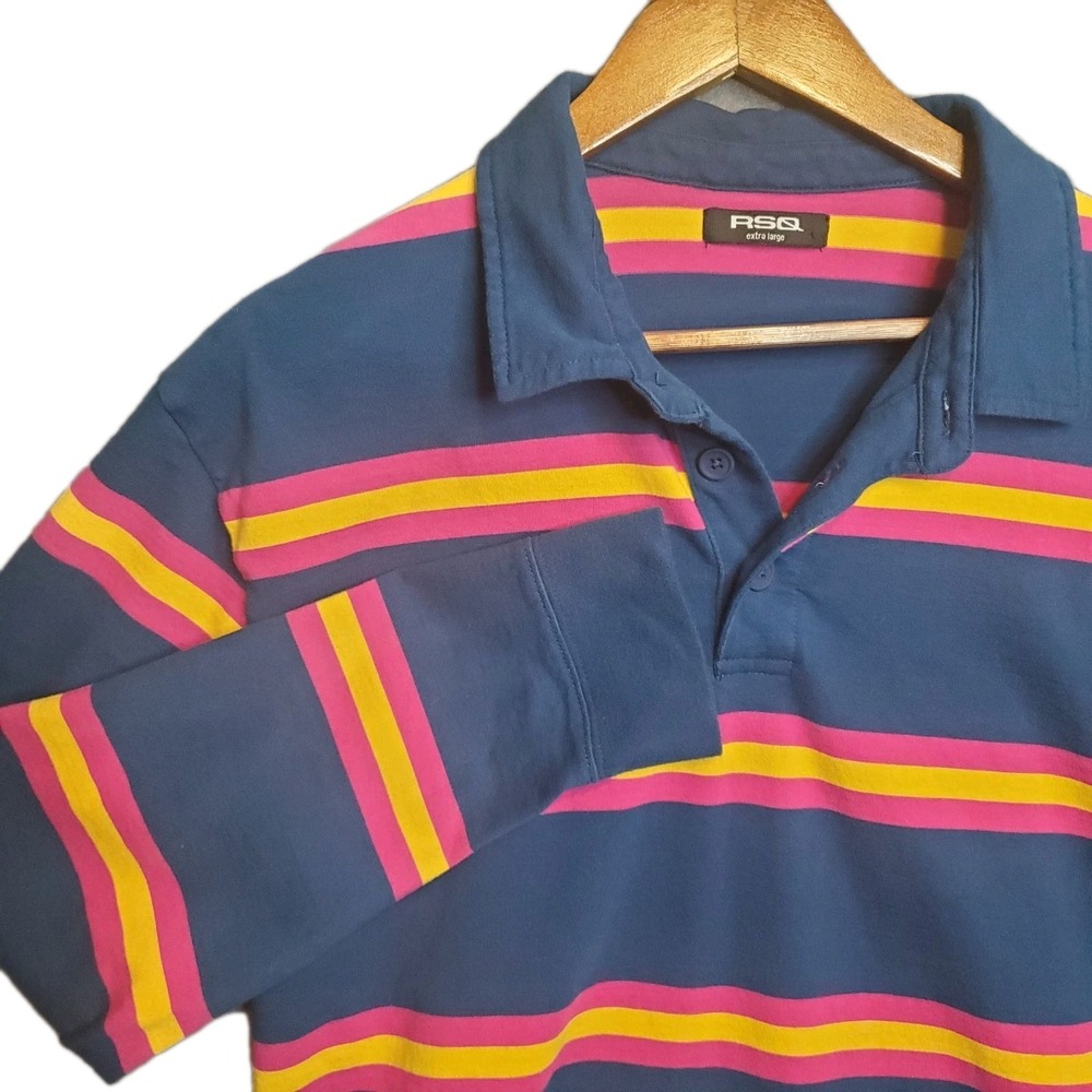 RSQ Men's XL‎ Blue Rugby Shirt Pink Yellow Stripes Long Sleeve Preppy Sporty